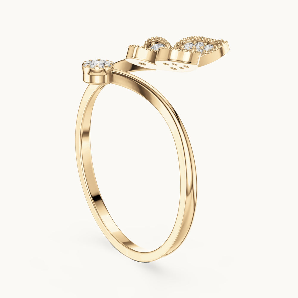 Round lab-grown diamond butterfly ring in yellow gold, 0.109 CT TW, view 1