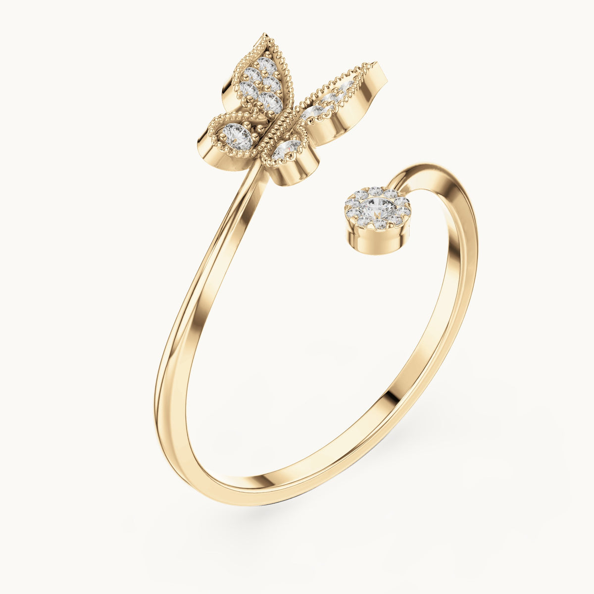 Round lab-grown diamond butterfly ring in yellow gold, 0.109 CT TW, view 2