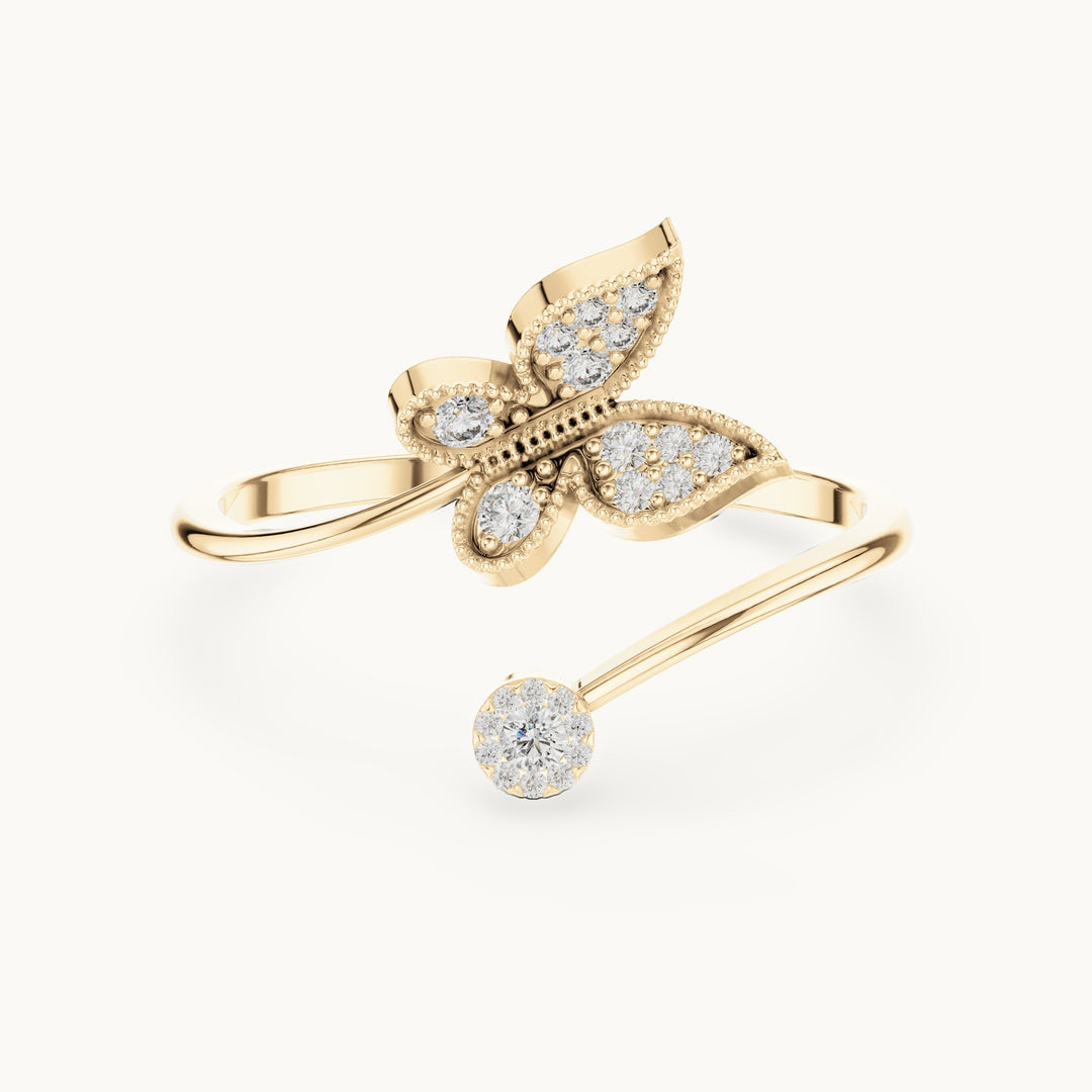 Round lab-grown diamond butterfly ring in yellow gold, 0.109 CT TW, view 4