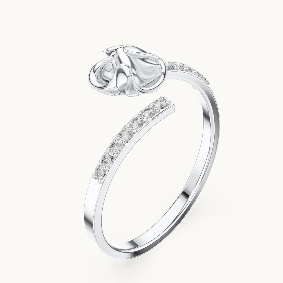 Round lab-grown diamond polished heart pave ring in white gold, 0.104 CT TW, view 2