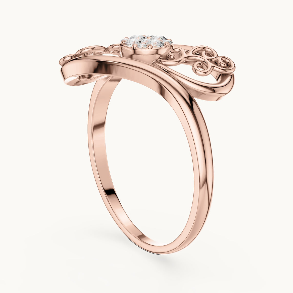 Round lab-grown diamond swirl halo bypass ring in rose gold, 0.072 CT TW, view 1