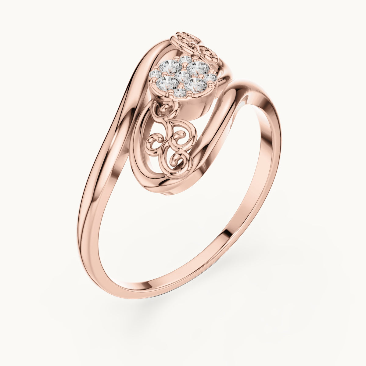Round lab-grown diamond swirl halo bypass ring in rose gold, 0.072 CT TW, view 2