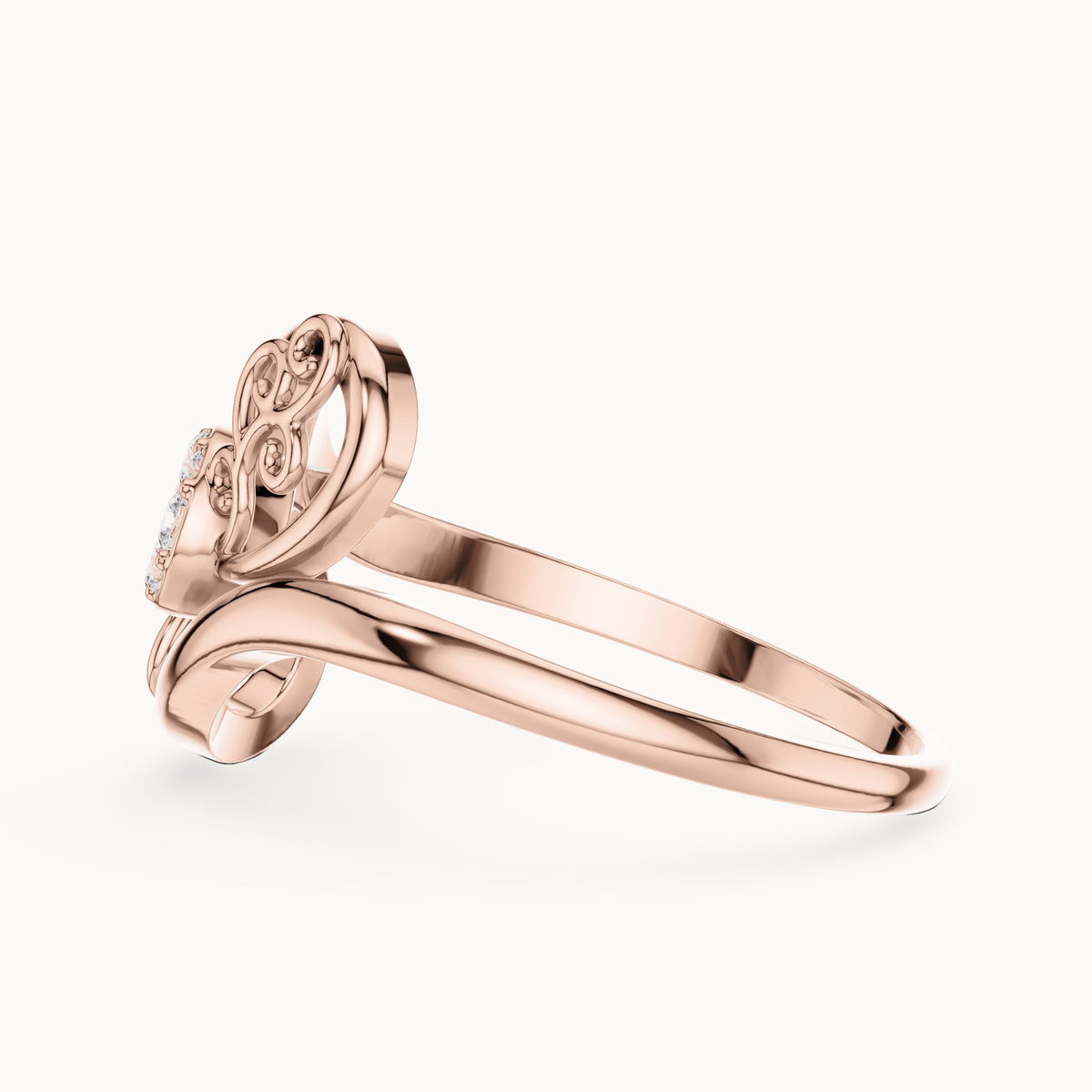 Round lab-grown diamond swirl halo bypass ring in rose gold, 0.072 CT TW, view 3