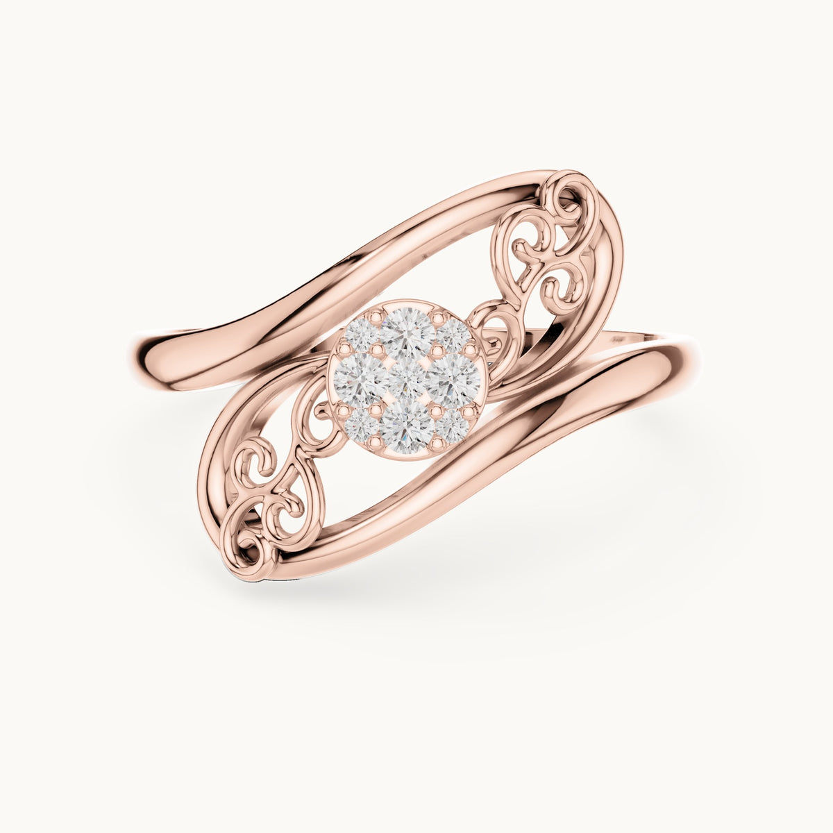 Round lab-grown diamond swirl halo bypass ring in rose gold, 0.072 CT TW, view 4