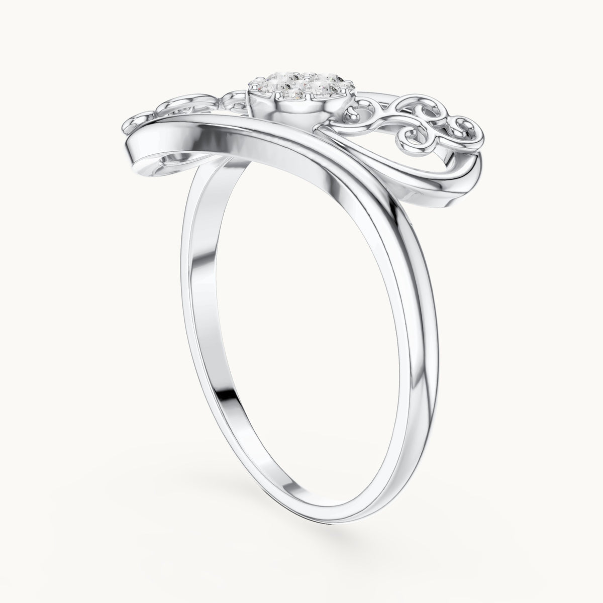 Round lab-grown diamond swirl halo bypass ring in white gold, 0.072 CT TW, view 1