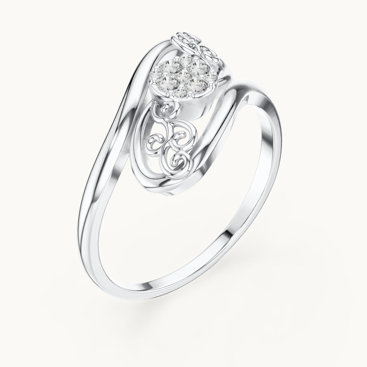 Round lab-grown diamond swirl halo bypass ring in white gold, 0.072 CT TW, view 2