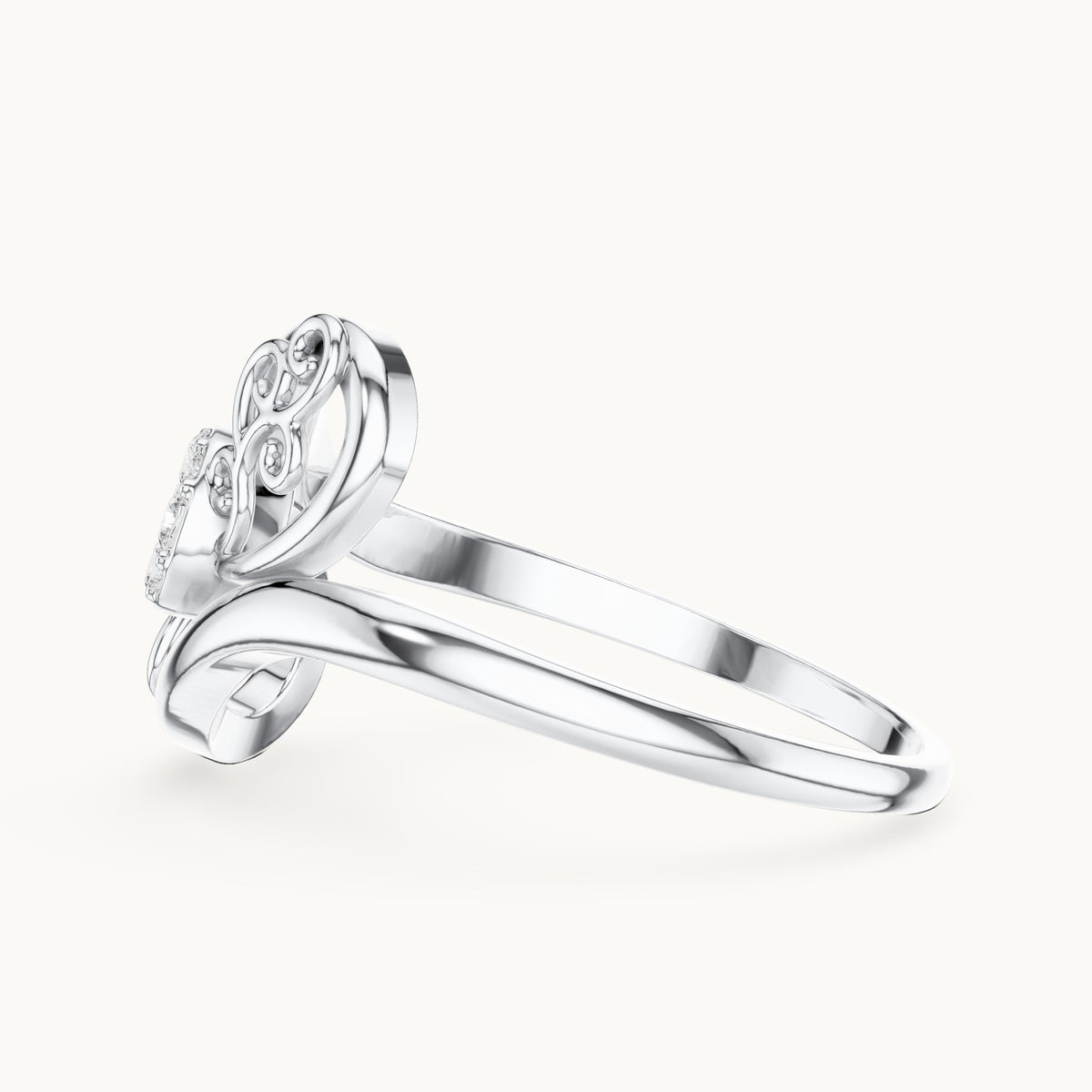 Round lab-grown diamond swirl halo bypass ring in white gold, 0.072 CT TW, view 3