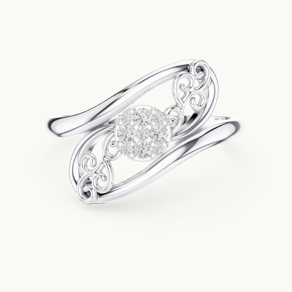 Round lab-grown diamond swirl halo bypass ring in white gold, 0.072 CT TW, view 4