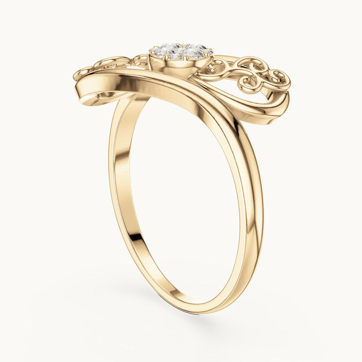 Round lab-grown diamond swirl halo bypass ring in yellow gold, 0.072 CT TW, view 1
