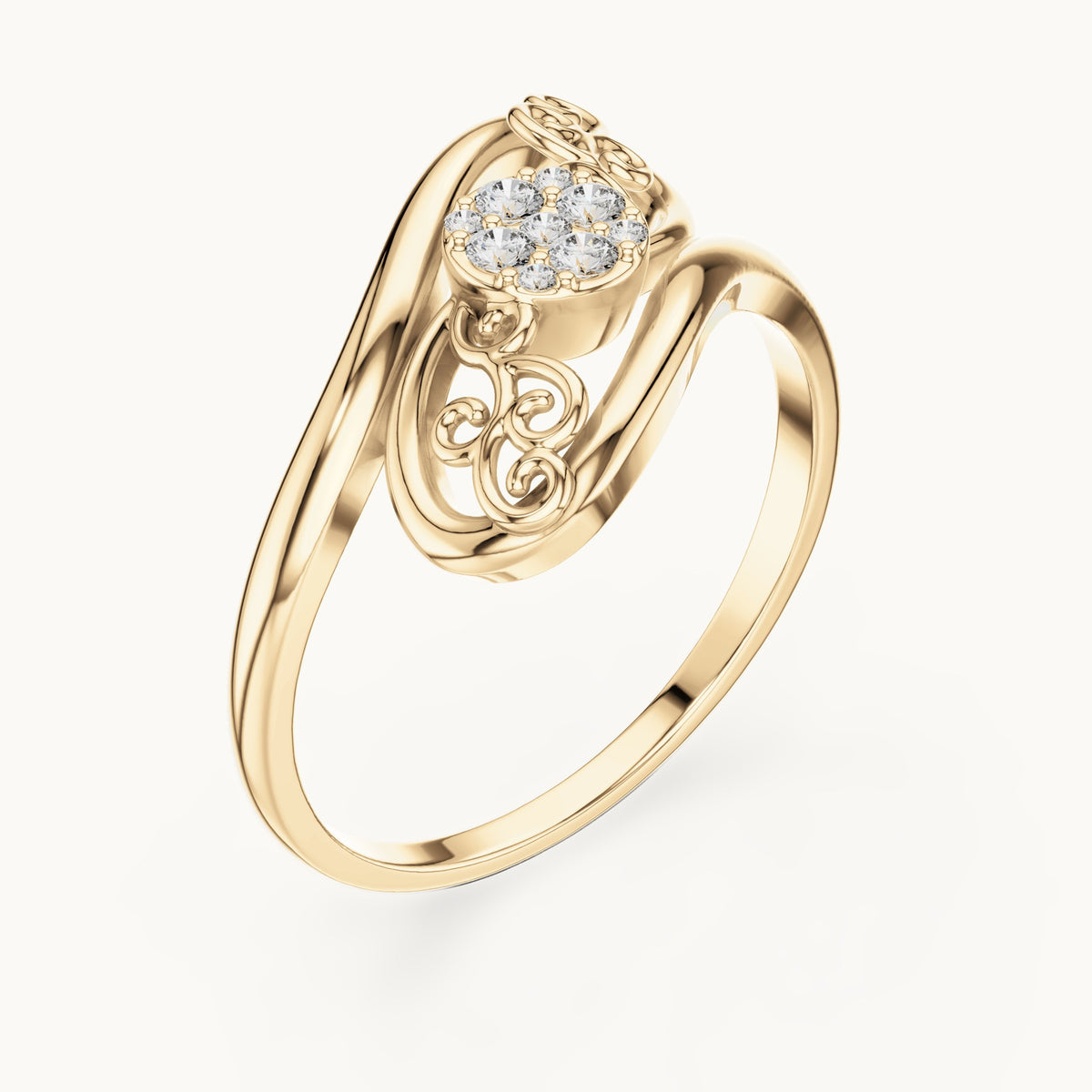 Round lab-grown diamond swirl halo bypass ring in yellow gold, 0.072 CT TW, view 2