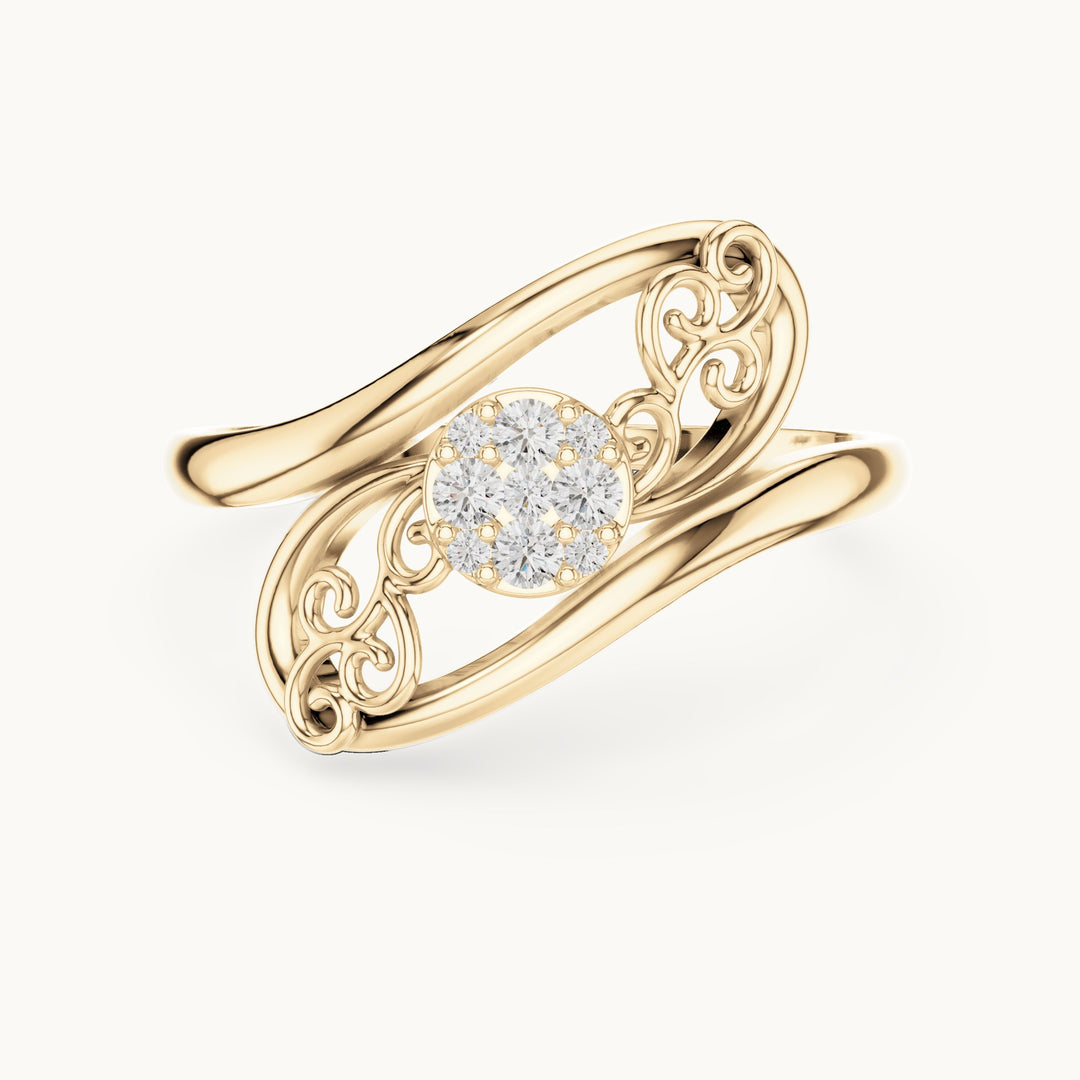 Round lab-grown diamond swirl halo bypass ring in yellow gold, 0.072 CT TW, view 4