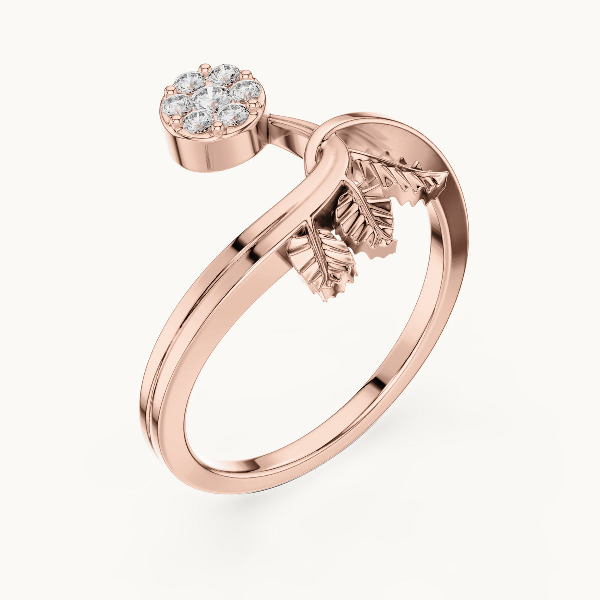 Round lab-grown diamond leaf and halo bypass ring in rose gold, 0.114 CT TW, view 2