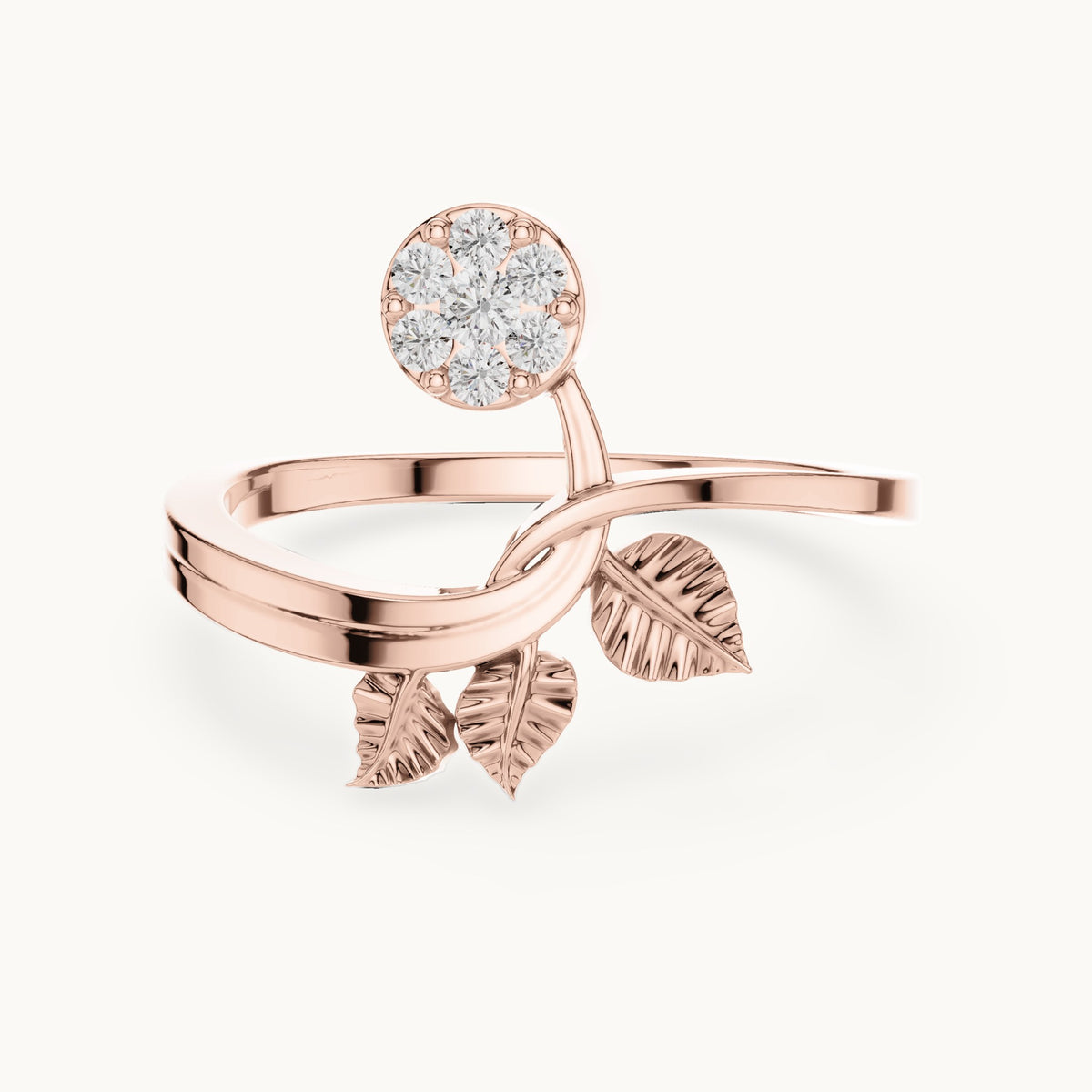 Round lab-grown diamond leaf and halo bypass ring in rose gold, 0.114 CT TW, view 4
