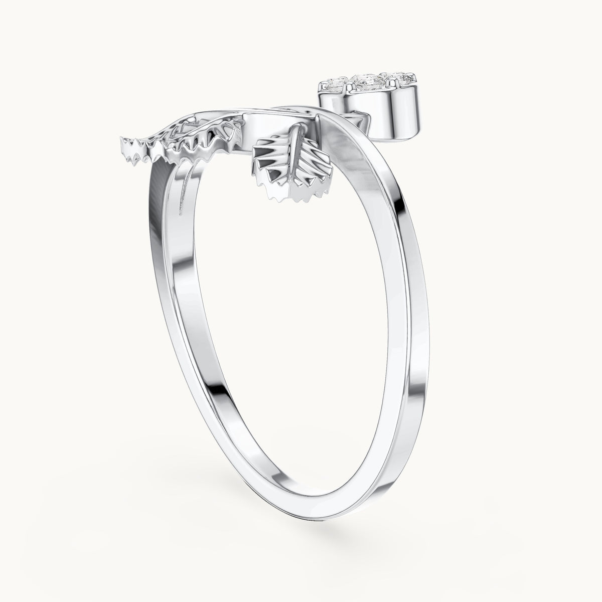 Round lab-grown diamond leaf and halo bypass ring in white gold, 0.114 CT TW, view 1