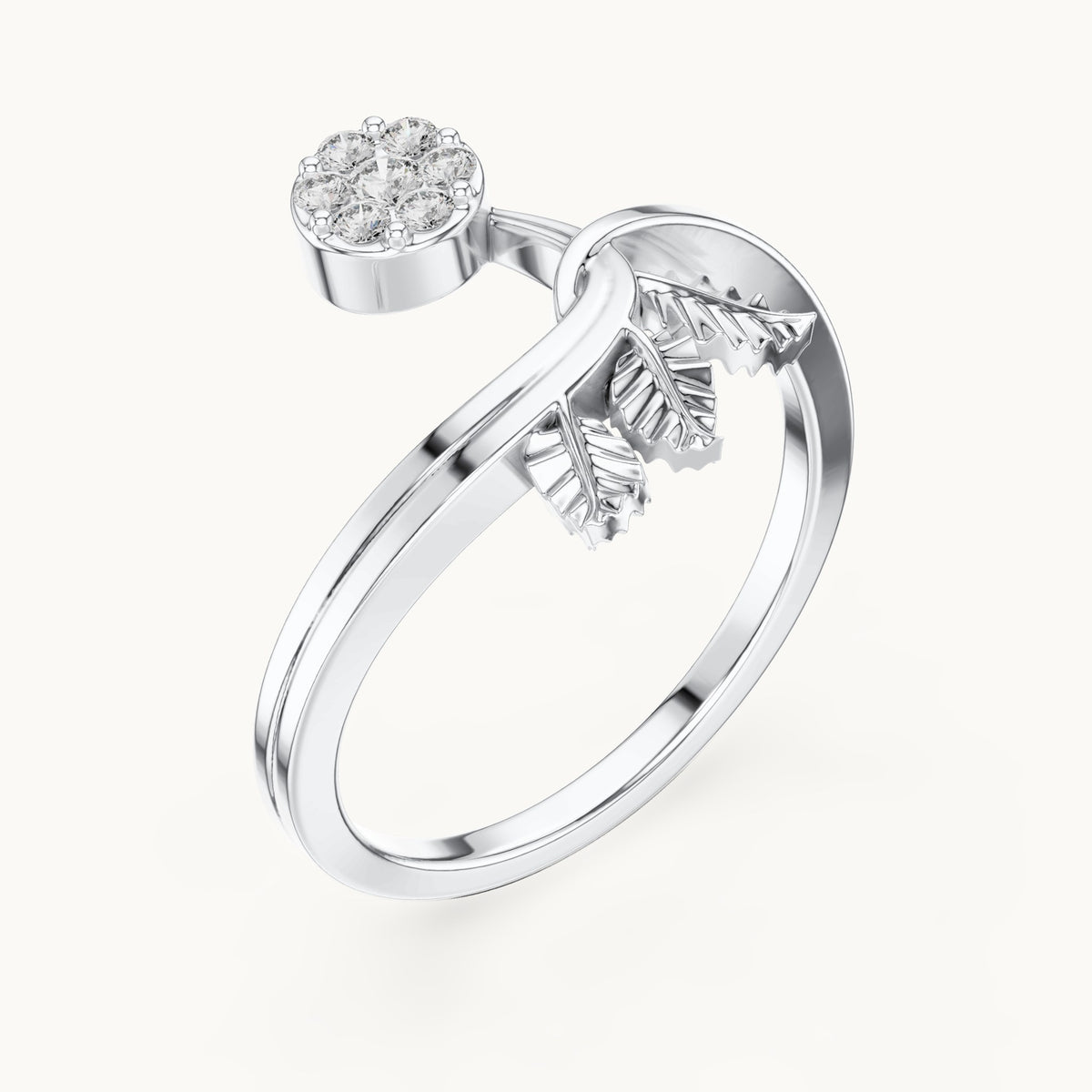 Round lab-grown diamond leaf and halo bypass ring in white gold, 0.114 CT TW, view 2