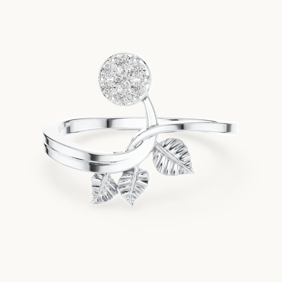 Round lab-grown diamond leaf and halo bypass ring in white gold, 0.114 CT TW, view 4