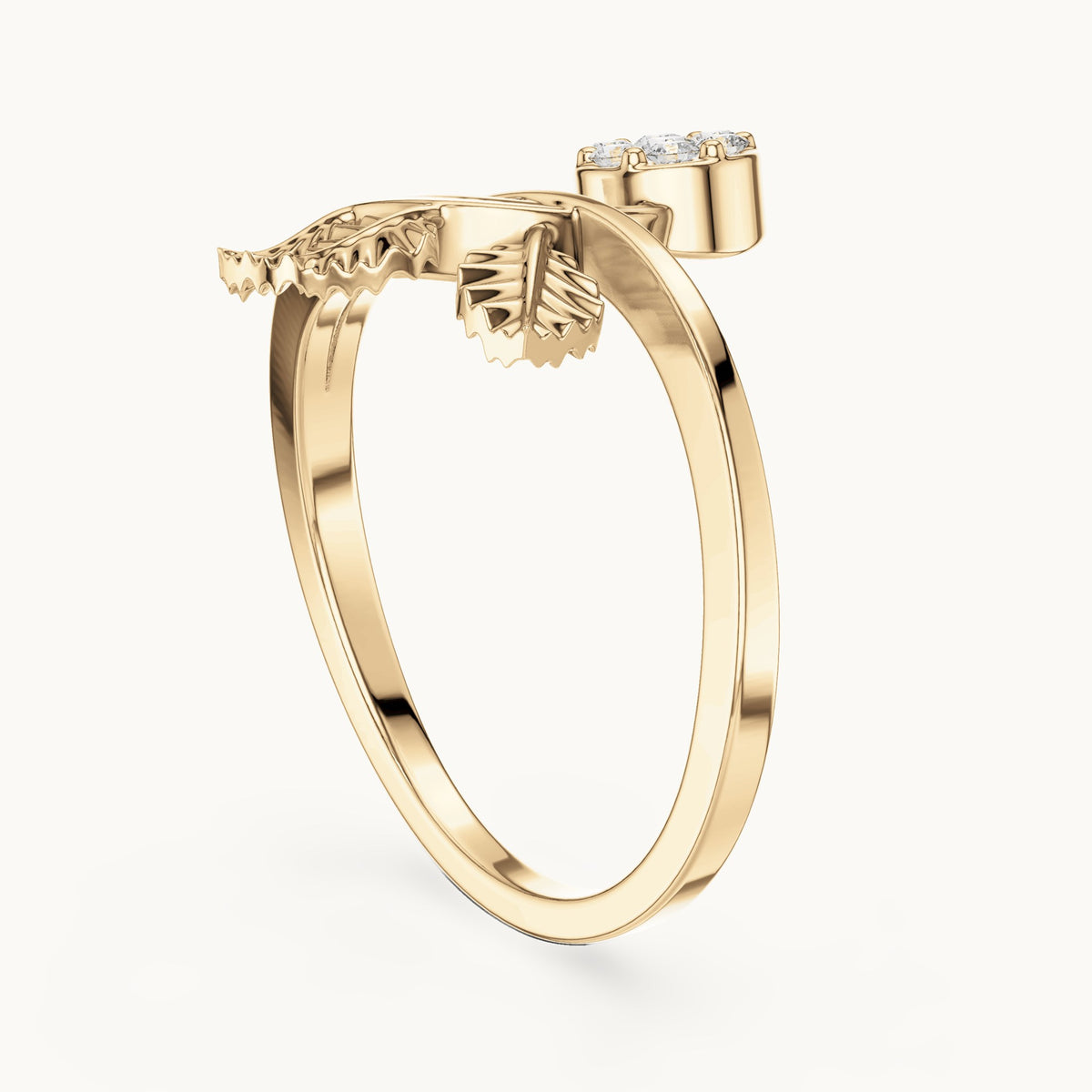 Round lab-grown diamond leaf and halo bypass ring in yellow gold, 0.114 CT TW, view 1