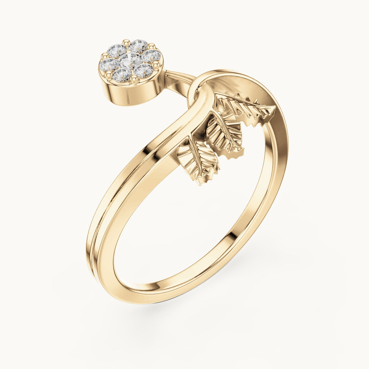 Round lab-grown diamond leaf and halo bypass ring in yellow gold, 0.114 CT TW, view 2