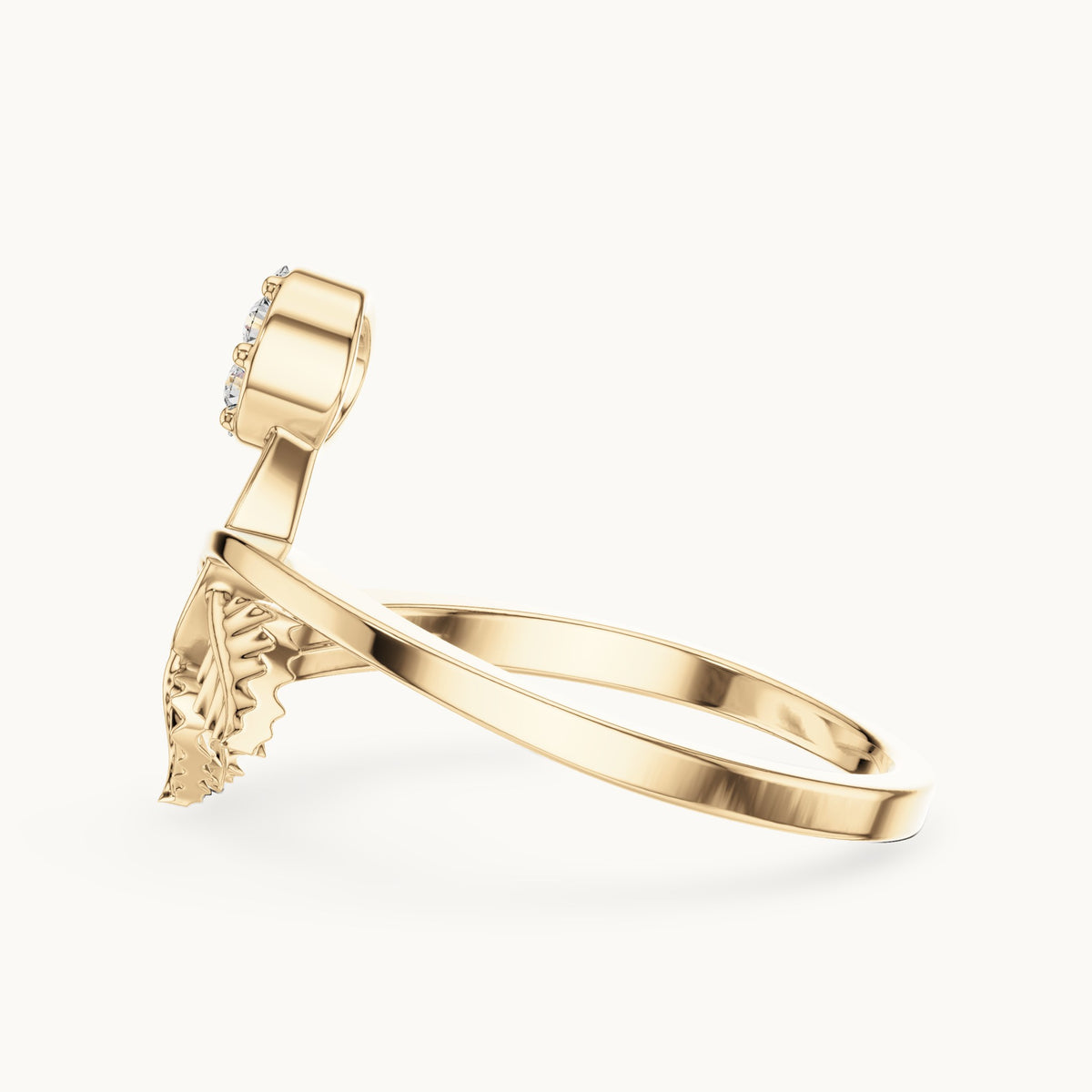 Round lab-grown diamond leaf and halo bypass ring in yellow gold, 0.114 CT TW, view 3