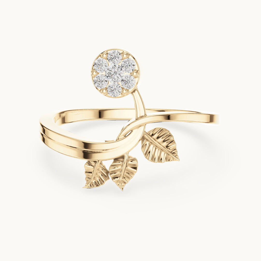 Round lab-grown diamond leaf and halo bypass ring in yellow gold, 0.114 CT TW, view 4
