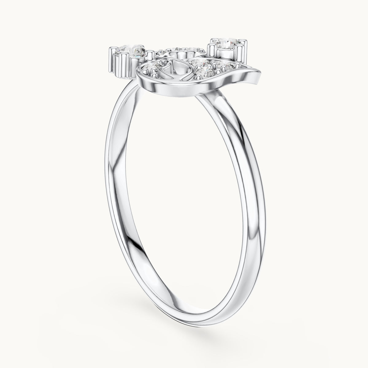 Round lab-grown diamond paisley scroll ring in white gold, 0.128 CT TW, view 1