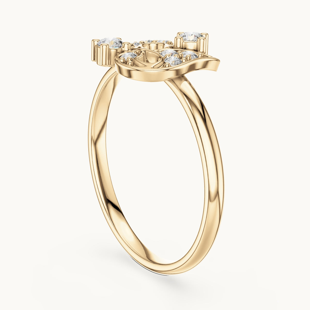 Round lab-grown diamond paisley scroll ring in yellow gold, 0.128 CT TW, view 1