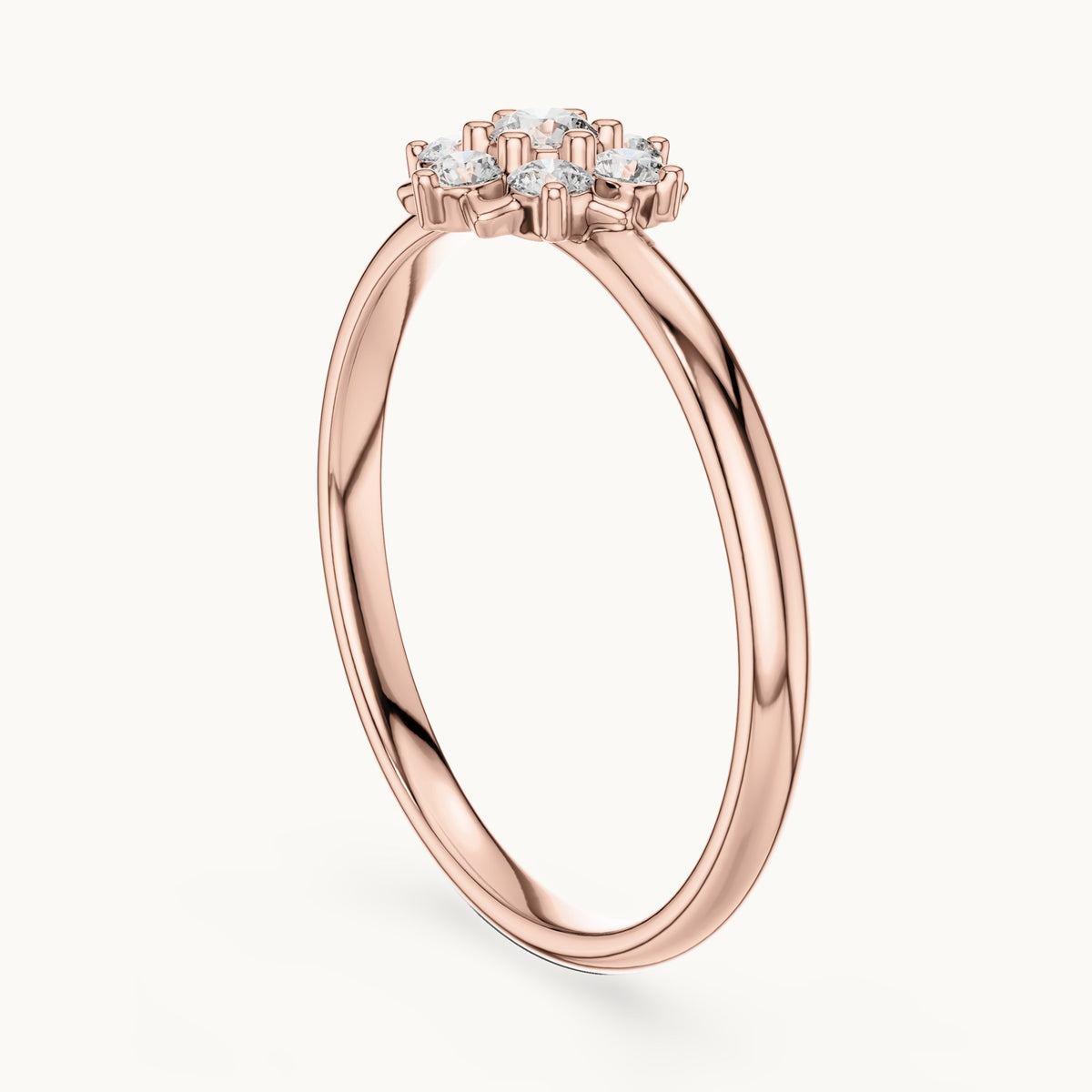 Round lab-grown diamond flower halo ring in rose gold, 0.065 CT TW, view 1