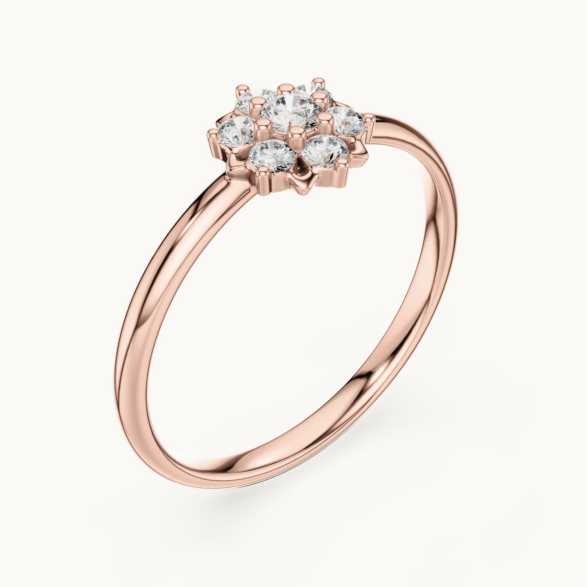 Round lab-grown diamond flower halo ring in rose gold, 0.065 CT TW, view 2