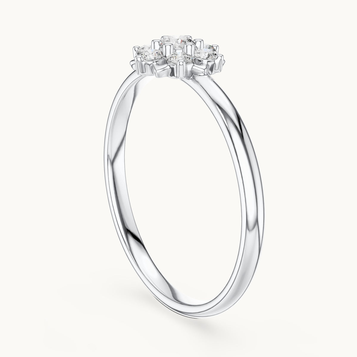 Round lab-grown diamond flower halo ring in white gold, 0.065 CT TW, view 1