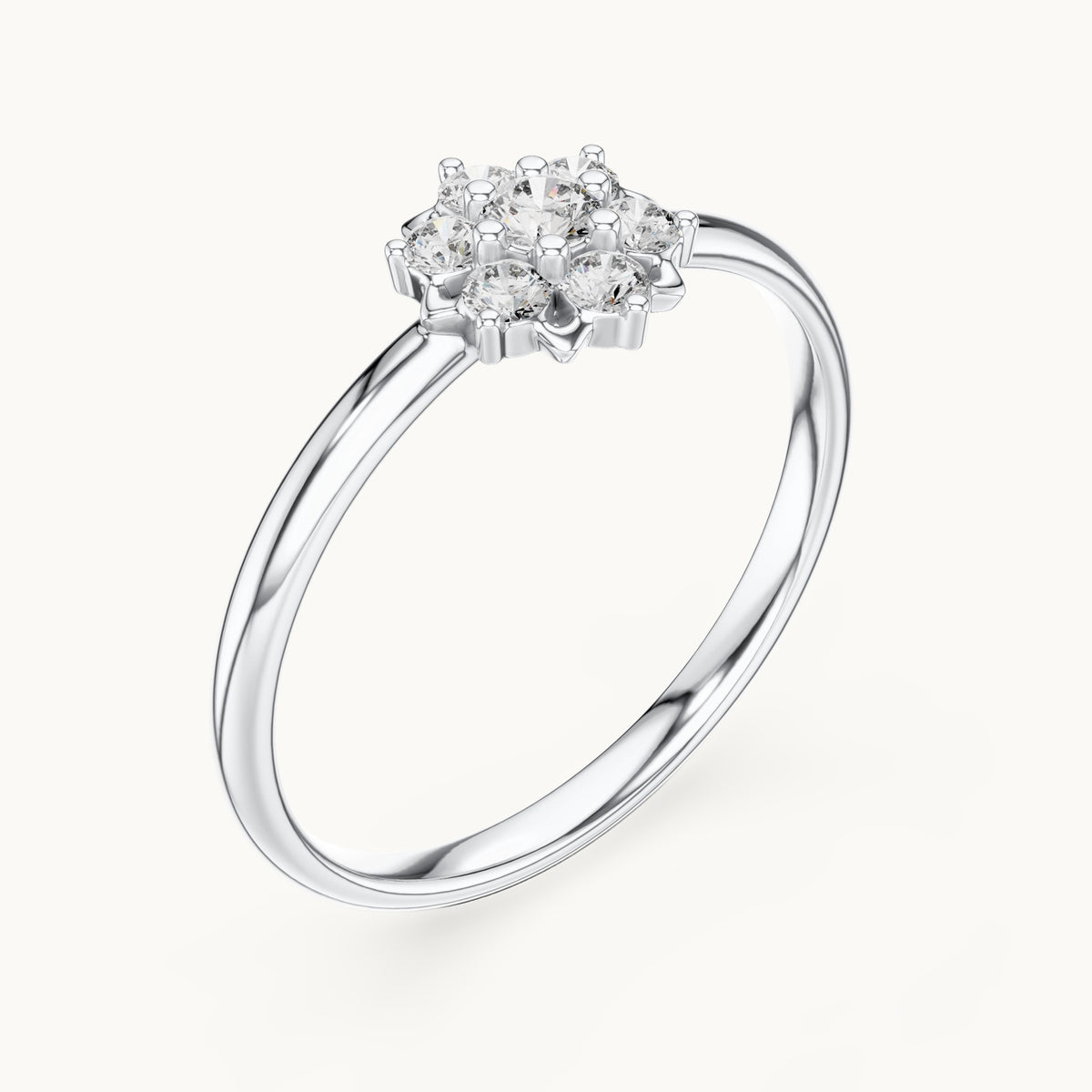 Round lab-grown diamond flower halo ring in white gold, 0.065 CT TW, view 2