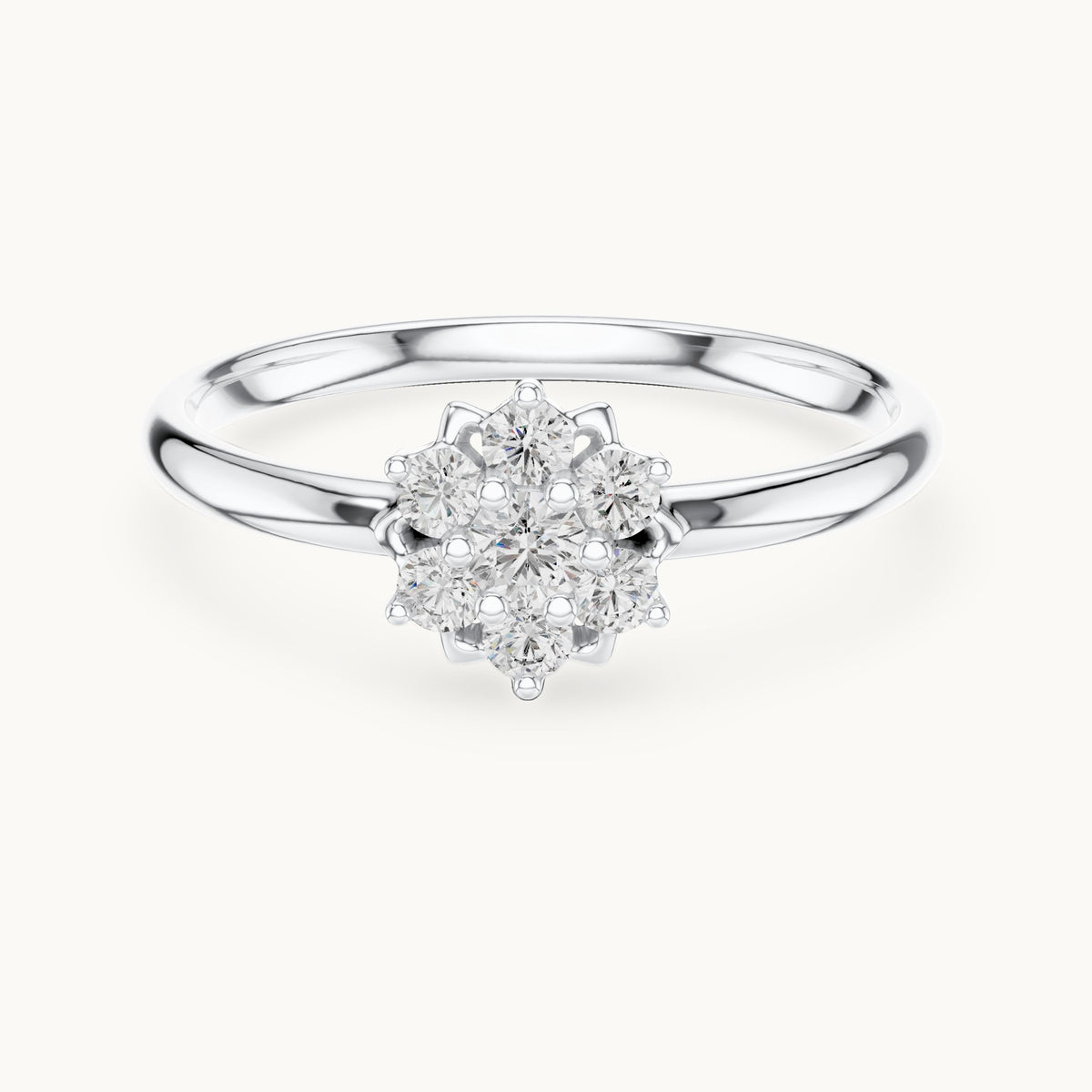 Round lab-grown diamond flower halo ring in white gold, 0.065 CT TW, view 4