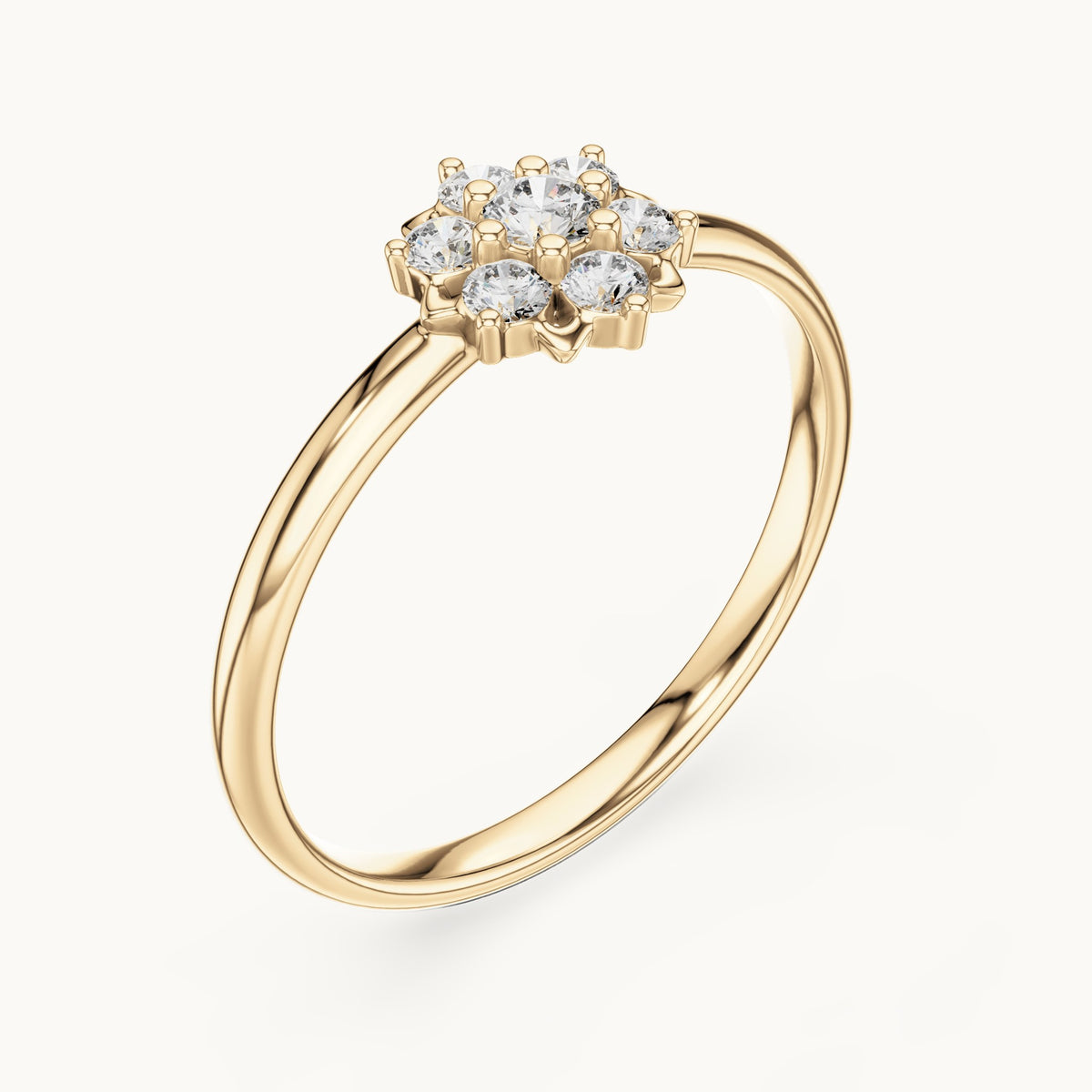 Round lab-grown diamond flower halo ring in yellow gold, 0.065 CT TW, view 2
