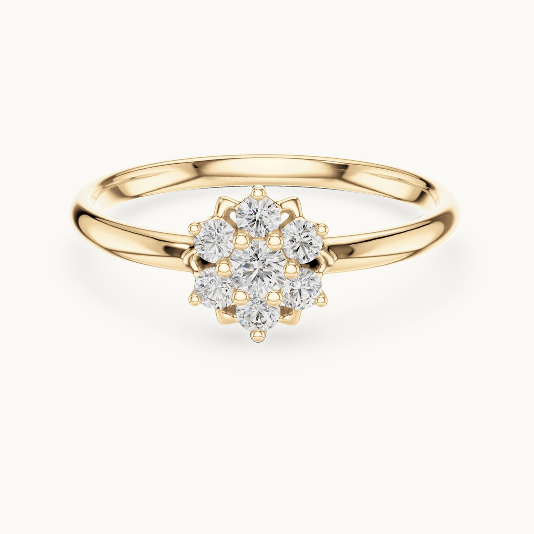 Round lab-grown diamond flower halo ring in yellow gold, 0.065 CT TW, view 4