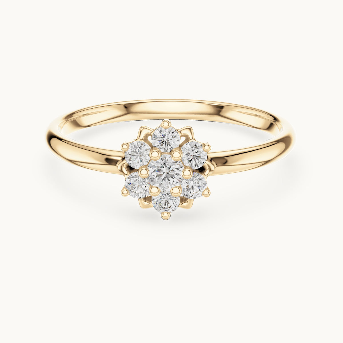 Round lab-grown diamond flower halo ring in yellow gold, 0.065 CT TW, view 4