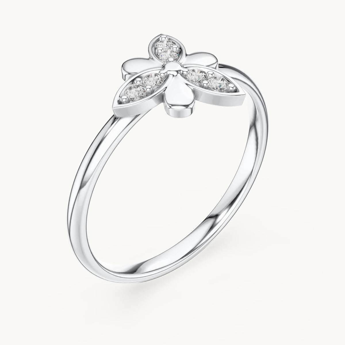Round lab-grown diamond butterfly petal ring in white gold, 0.06 CT TW, view 2