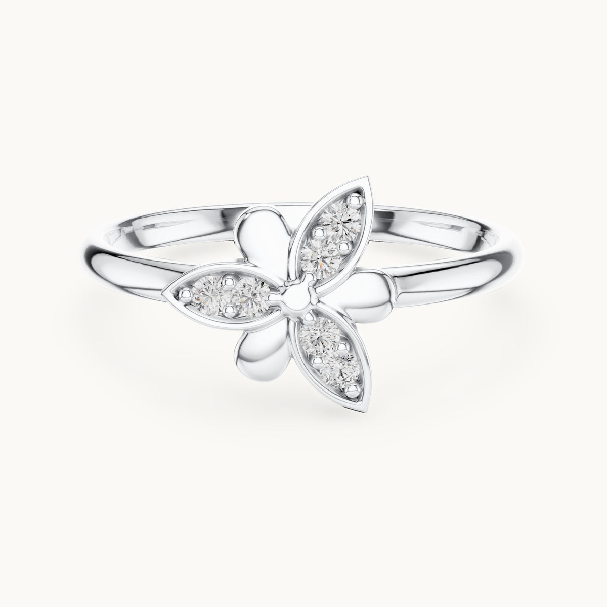 Round lab-grown diamond butterfly petal ring in white gold, 0.06 CT TW, view 4
