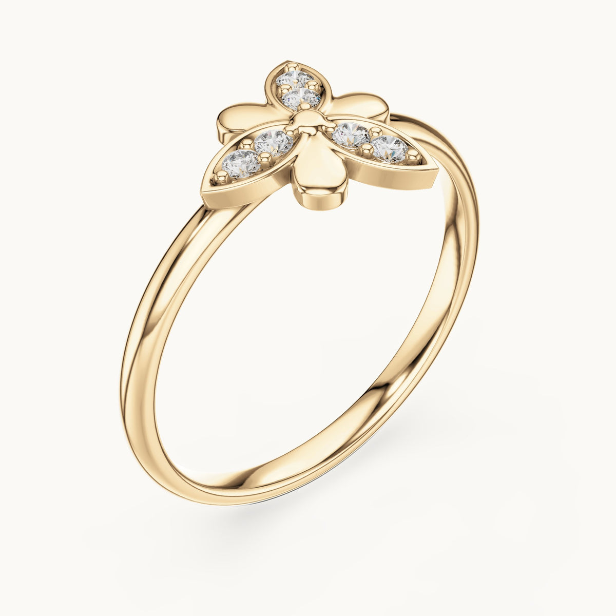 Round lab-grown diamond butterfly petal ring in yellow gold, 0.06 CT TW, view 2