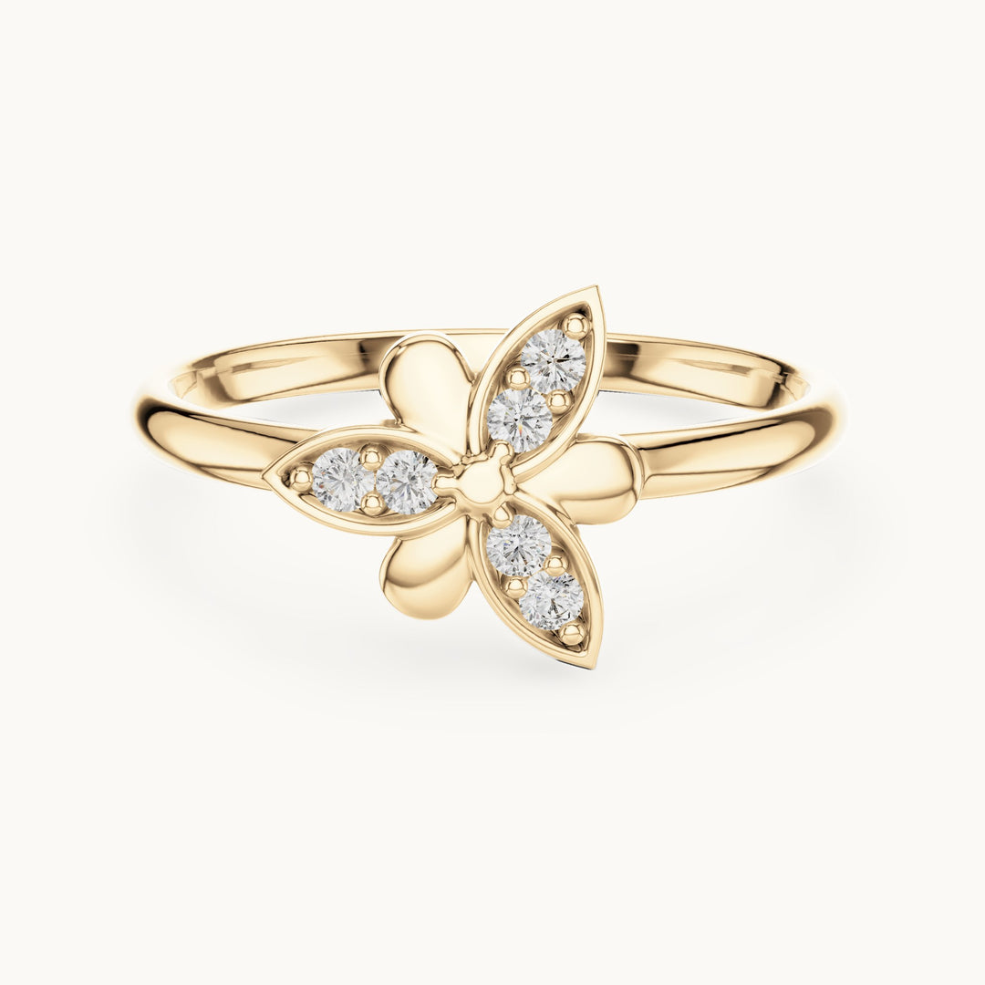Round lab-grown diamond butterfly petal ring in yellow gold, 0.06 CT TW, view 4