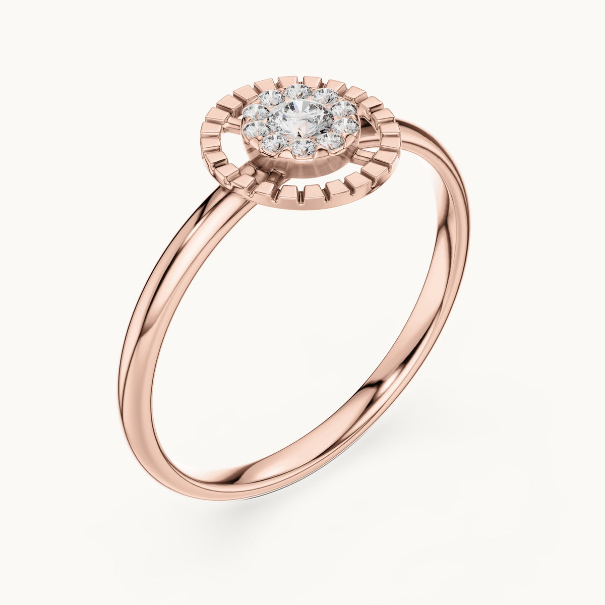 Round lab-grown diamond halo medallion ring in rose gold, 0.11 CT TW, view 2