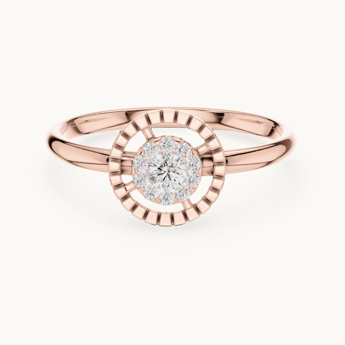 Round lab-grown diamond halo medallion ring in rose gold, 0.11 CT TW, view 4