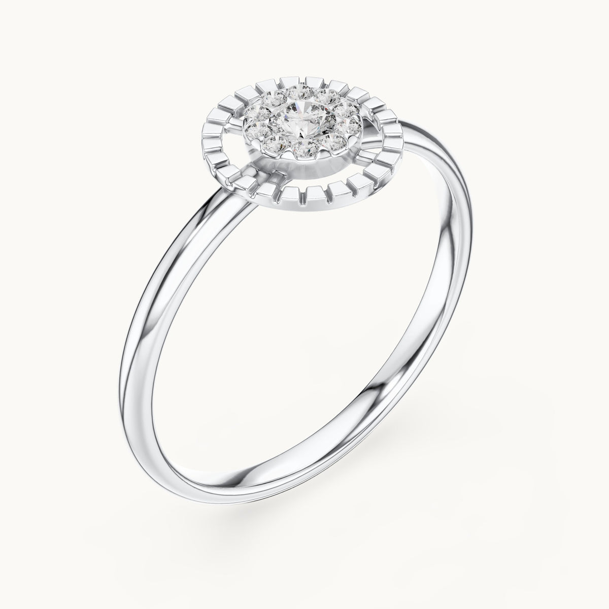 Round lab-grown diamond halo medallion ring in white gold, 0.11 CT TW, view 2