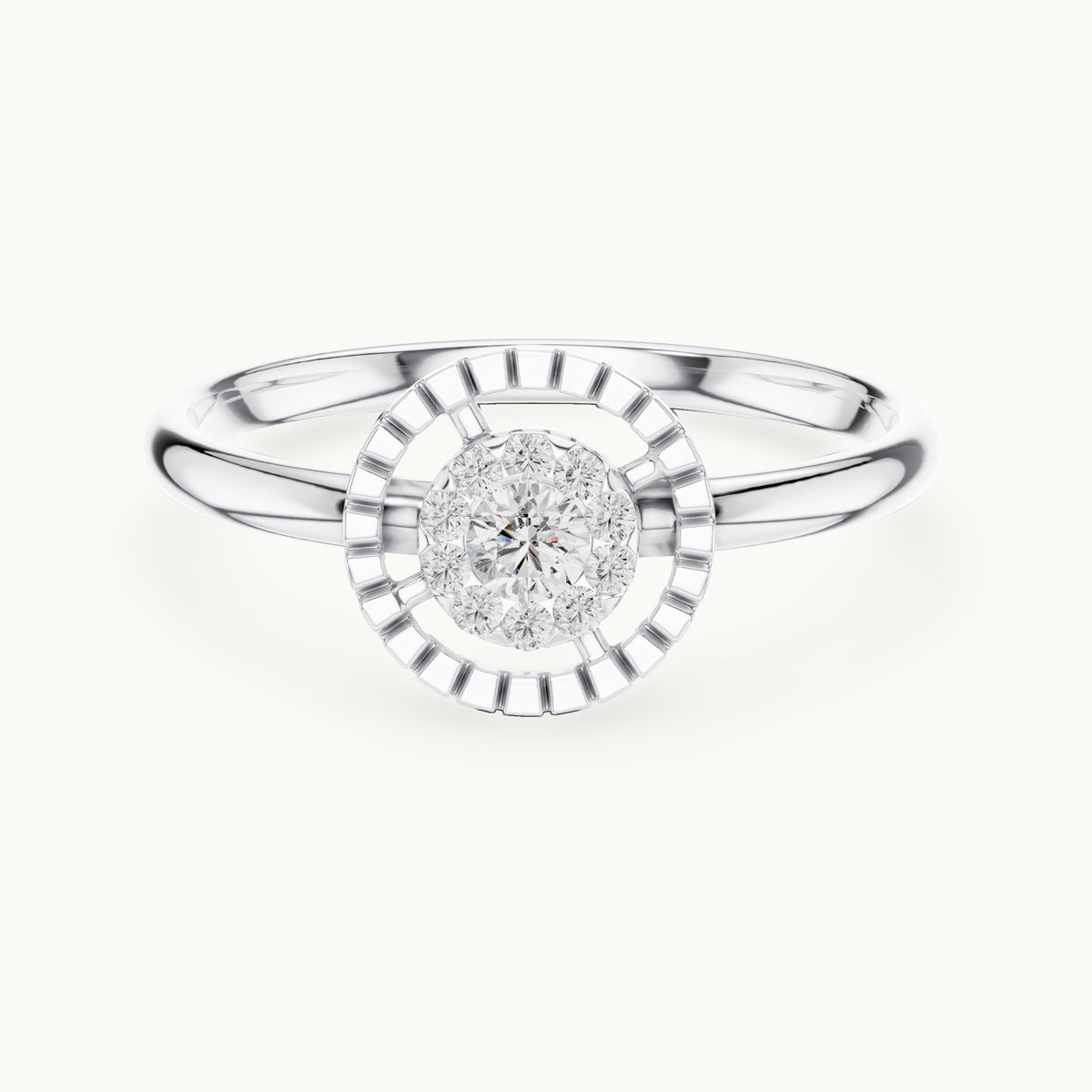 Round lab-grown diamond halo medallion ring in white gold, 0.11 CT TW, view 4