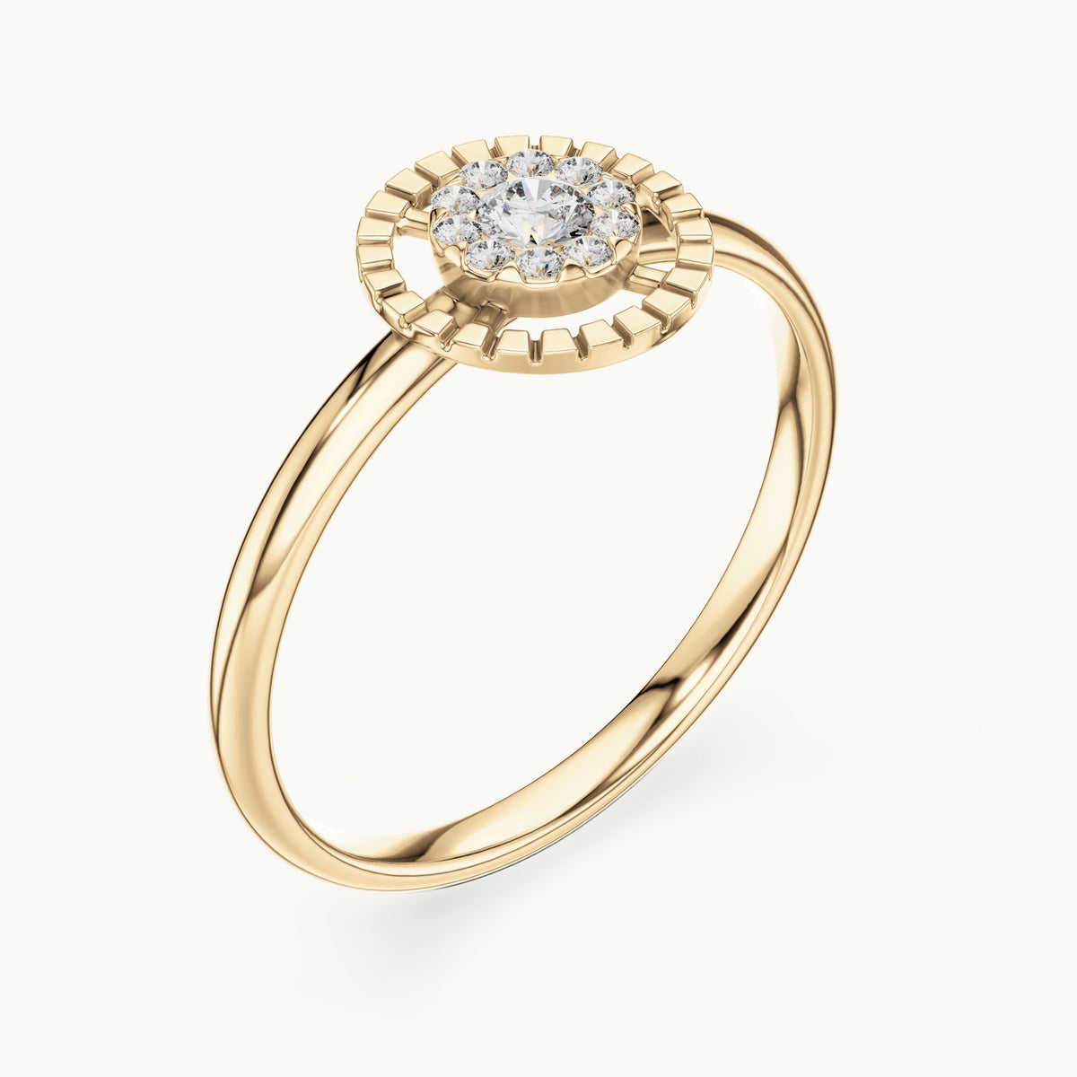 Round lab-grown diamond halo medallion ring in yellow gold, 0.11 CT TW, view 2