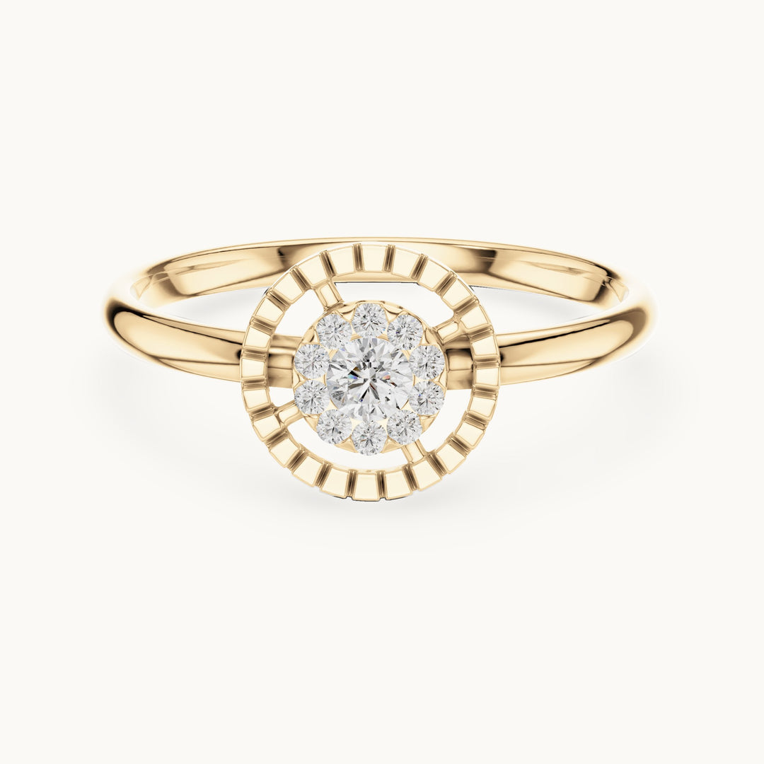 Round lab-grown diamond halo medallion ring in yellow gold, 0.11 CT TW, view 4