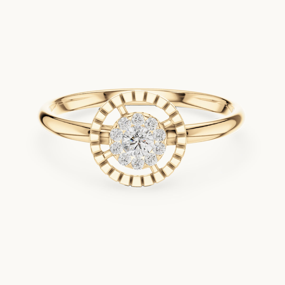 Round lab-grown diamond halo medallion ring in yellow gold, 0.11 CT TW, view 4