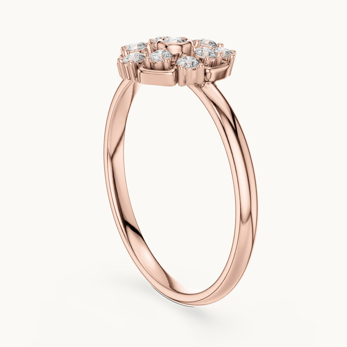 Round lab-grown diamond bezel center flower ring in rose gold, 0.138 CT TW, view 1