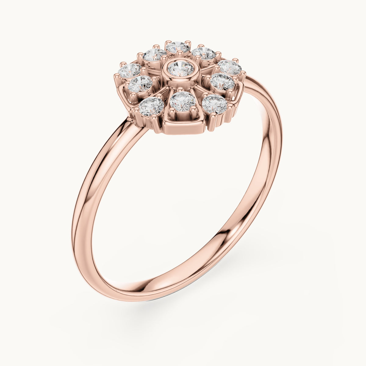 Round lab-grown diamond bezel center flower ring in rose gold, 0.138 CT TW, view 2