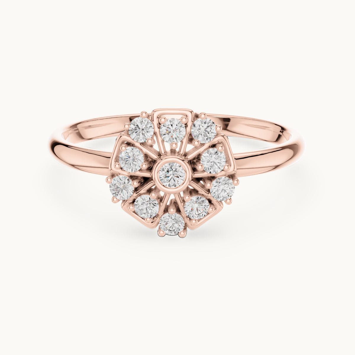 Round lab-grown diamond bezel center flower ring in rose gold, 0.138 CT TW, view 4