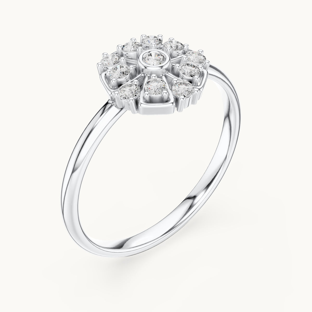 Round lab-grown diamond bezel center flower ring in white gold, 0.138 CT TW, view 2
