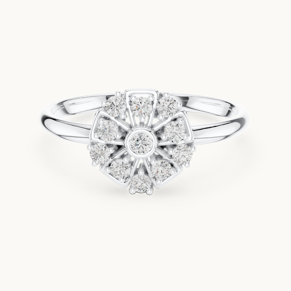 Round lab-grown diamond bezel center flower ring in white gold, 0.138 CT TW, view 4